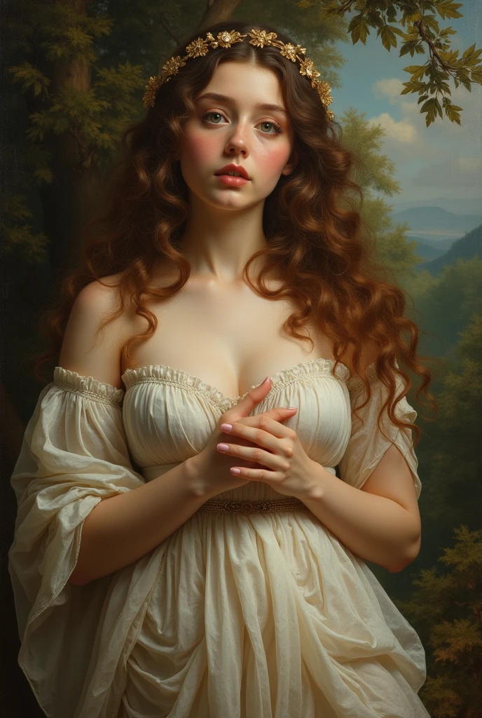 ((high resolution)), pale skin, freckled, brunette 13 year old girl, ((small breasts)), long curly hair, as a fantasy priestess, sun shining behind head, in the style of William-Adolphe Bouguereau