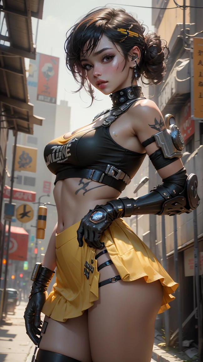 unreal engine:1.4,CG ultra realistic 64K, photorealistic:1.4, skin texture:1.4, Masterpiece:1.4,Beautiful woman with babydoll lingeries、Short yellow cyberpunk style clothing, pantimedias red , mini skirt blue,