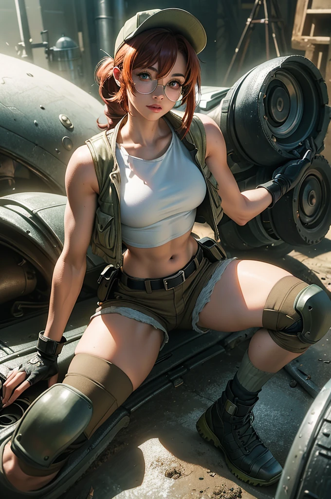 Fio Germi, Fio Germi from Metal Slug, lora.fio, round glasses, redhead, many freckles, pony tail hair, fringe, green eyes, wearing a white top, brown shorts, black torn tights, knee pads, black fingerless leather gloves, cap, green cap, black military boots, open green millitar mid jacket, beautiful detailed eyes, beautiful detailed lips, and extremely detailed face, hyperrealistic, 8k, photorealistic, concept art, digital painting, dramatic lighting, vivid colors, (insanely detailed, beautiful detailed face, beautiful detailed eyes, masterpiece, best quality), ruined city background, warzone, intricate background details, intrincate clothes patterns, sweet smilem running