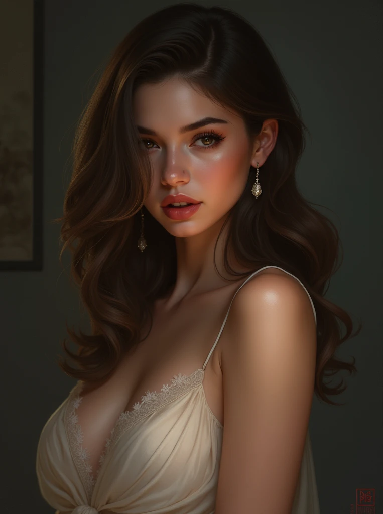 Silvia Navarro, sexy clothes, Portrait of character, 3 9 9 0 s, shorth hair, intrikate, chic, highy detailed, digitalpainting, art station, conceptual artwork, Soft, sharp focus, illustration, arte por wlop, Charlie Bowater e Alexandra Fomina