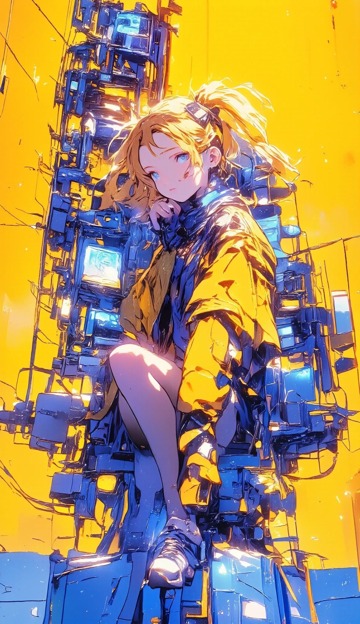  art style , plano general,  a girl with long hair, 2 rings in long pigtails, blonde hair and a yellow jacket is squatting on a blue surface,   sneakers ,  an arm resting on the knee and bringing her hand to her face , The other hand on her legs ,  cyberpunk art inspired by Yanjun Cheng  , trend on pixiv, Shock art, digital cyberpunk anime art,  Cyberpunk digital - Digital anime art , cyberpunk anime art, cyberpunk anime, cyberpunk art style, vibrant Rossdraws cartoons , chica anime cyberpunk, Cyberpunk streetwear, chica anime cyberpunk in hoodie,  yellow background in a soft gradient with orange . UHD, Retina,  masterpiece , Accurate, Super detail, high details,  high quality ,  award winning , best quality, highres, 1080P, HD, 16K,  hyperrealistic
