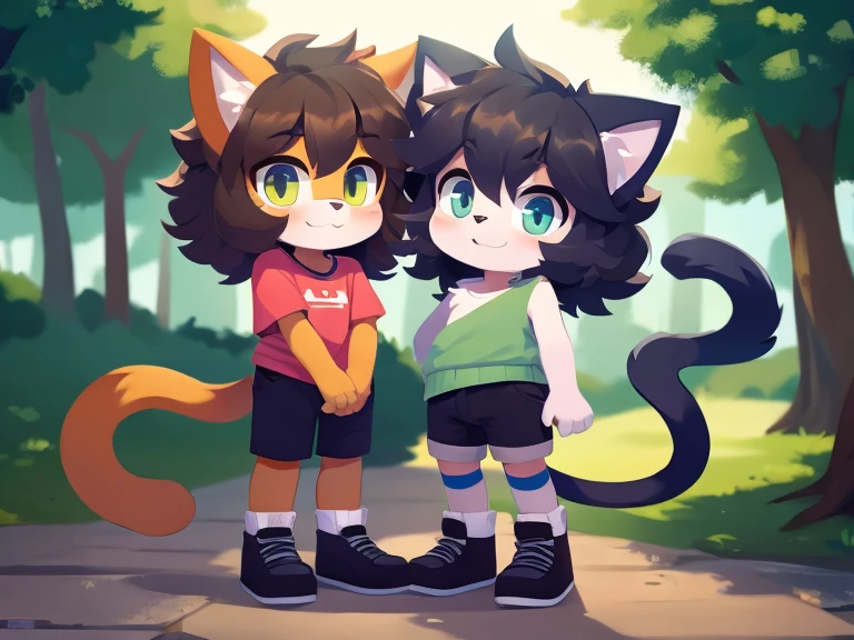 Two furry boys, cute cat, thick hair, detailed body, short pants, high quality 