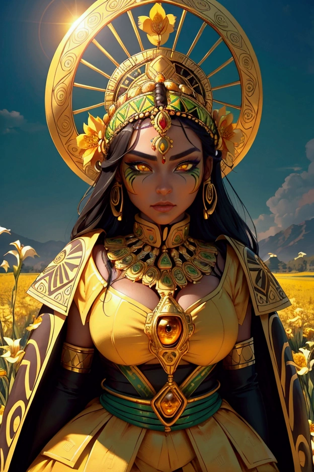 in a beautiful flowers field a beautiful mature woman lying in a field of beautiful white, yellow and gold flowers. . she has a traditional outfit of Aztec people his eyes are visible. she has magnificent ultra detailed golden eyes, her pupils are dilated and isr iris ultra detailed and a magnificent amber color with shades of yellow and green. her gaze is intense and warm. there are a golden city everywhere around her. the environment is hostile to life. she stands facing and looks to the side towards the setting sun. close-up on his gaze. her outfit is a beautiful océan green color. she wears red native amazonian  people makeup around her eyes which has the effect of multiplying the beauty and magnificence of his deep and burning gaze.