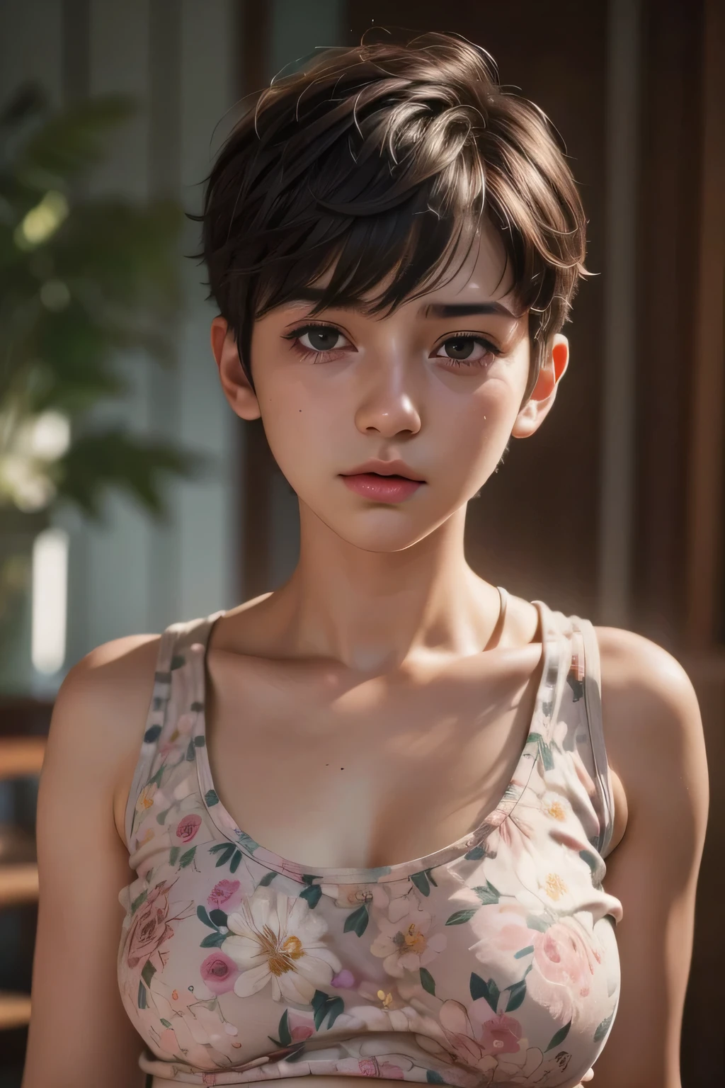 ((Femboy)), Shorthaircut Stylish, adorable, 1 femboy, (face to face), , ((baby face)), (cry sad face expression), half body portrait, (face details: 1), (eye details: 1), ((huge breasts)), Cute posed. proportional body. Ultra High Res. realistic: 1.4, UHD, (floral pattern),  ((TINY SPORTS TOP)) 