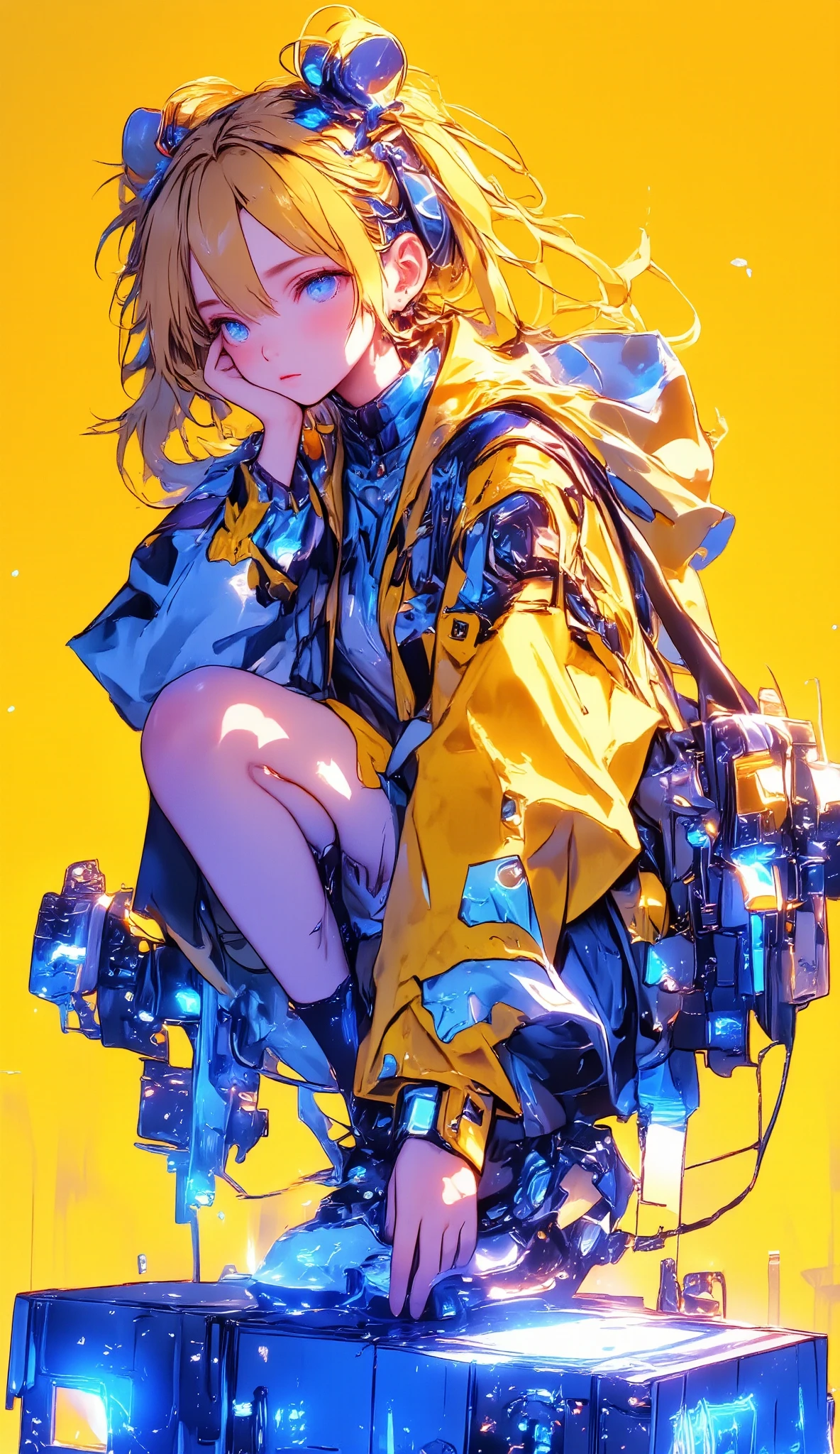  art style , plano general, A girl with long hair, two rings in her long ponytails, blonde hair and a yellow jacket is squatting on a blue surface,  sneakers ,  an arm resting on the knee and bringing her hand to her face , The other hand on her legs ,  cyberpunk art inspired by Yanjun Cheng  , trend on pixiv, Shock art, digital cyberpunk anime art,  Cyberpunk digital - Digital anime art , cyberpunk anime art, cyberpunk anime, cyberpunk art style, vibrant Rossdraws cartoons , chica anime cyberpunk, Cyberpunk streetwear, chica anime cyberpunk in hoodie,  yellow background in a soft gradient with orange . UHD, Retina,  masterpiece , Accurate, Super detail, high details,  high quality ,  award winning , best quality, highres, 1080P, HD, 16K,  hyperrealistic