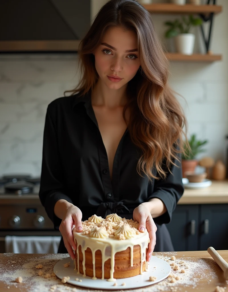 Femme avec cheveux de couleur, lavande, yeux noisettes, who is baking a cake in his kitchen