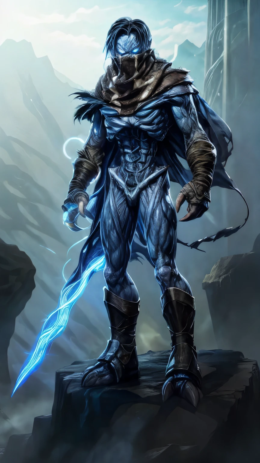 masterpiece, trending on artstation, concept art, man with skin of a light blue shade, wears a brown scarf covering his jaw, white eyes without pupils glowing, three claws instead of fingers, his blue skeleton is visible, torn wings,  wields spectral blade, in the background is a an apocalyptic city at down