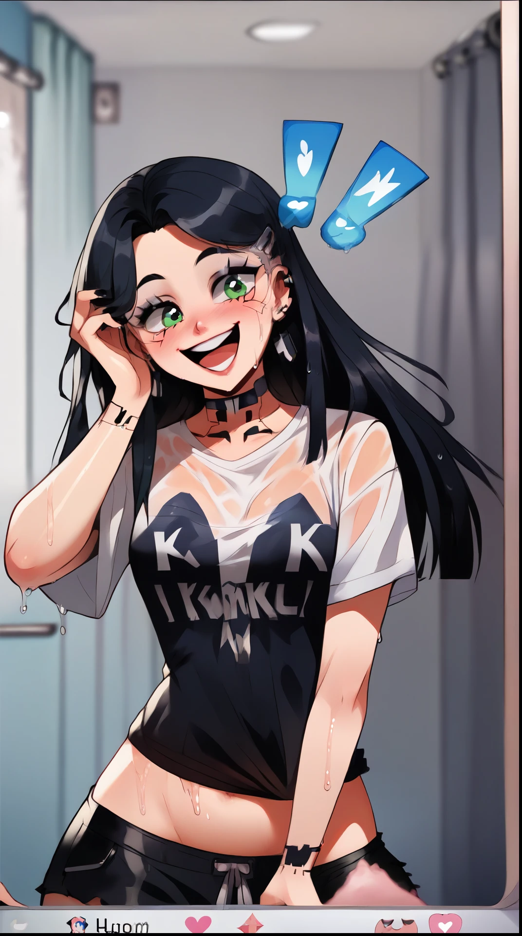 there is a woman taking a selfie in a bathroom mirror, 18 years old, 1 , graphic tees, anime vibes, tumblr, wet tshirt, cruel korean goth girl, wearing cyberpunk streetwear, 🪔 🎨;🌞🌄, comic book style!!, wet t-shirt, 1 , wearing black tshirtHD,young people, cartoons, happy, happy, excited, excited, joyful, ((surprise)), carefree, beautiful eyes, cute, smiling face, UWU, happy, proud, ((smiling face)),;3, uwu