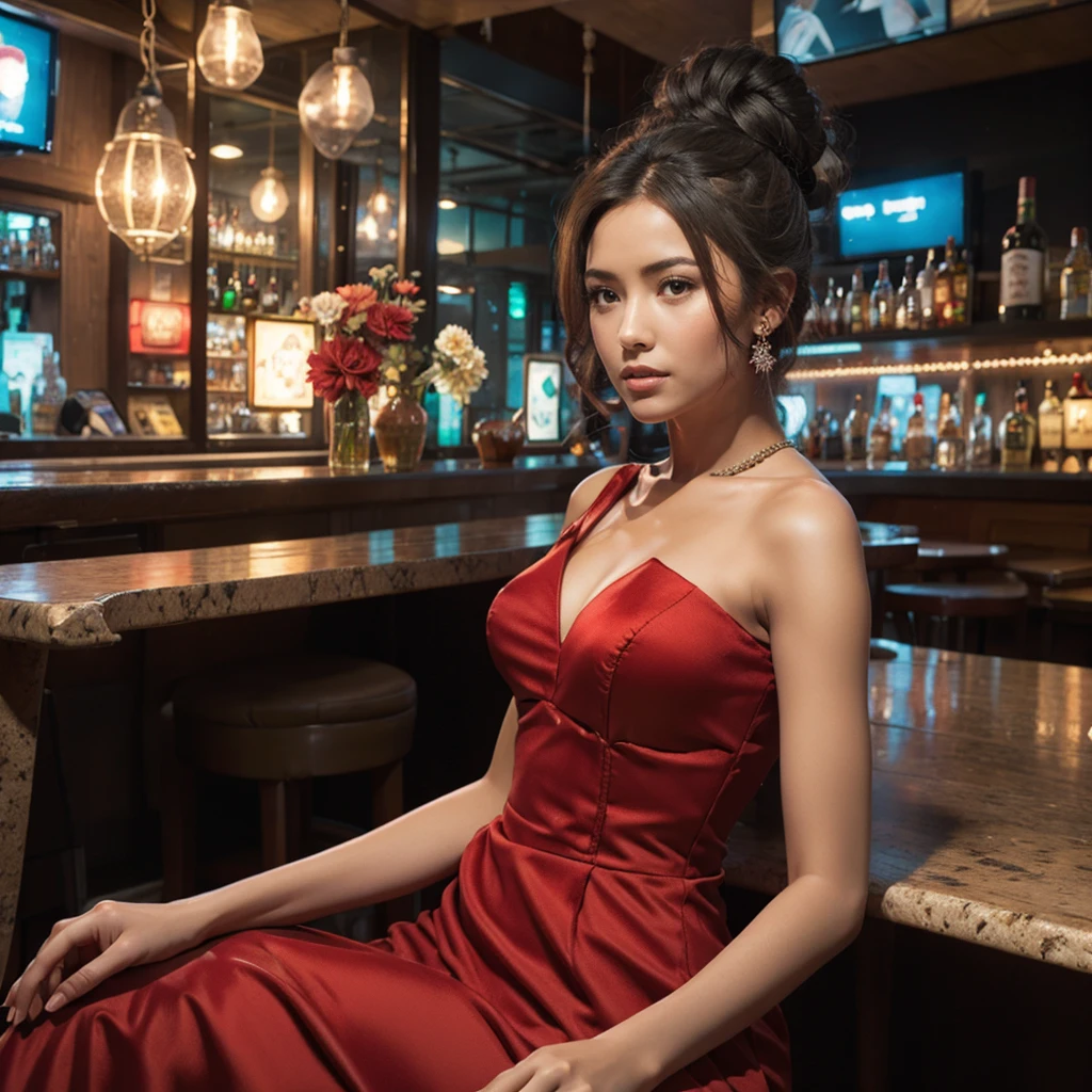 beautiful woman in red dress playing piano in a bar