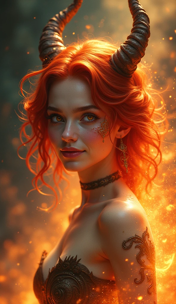 fantasy art, against the background of sparks and fire , girl with red hair, on her head there are thin horns , golden eyes, dragon-like scales on the cheeks, smiles