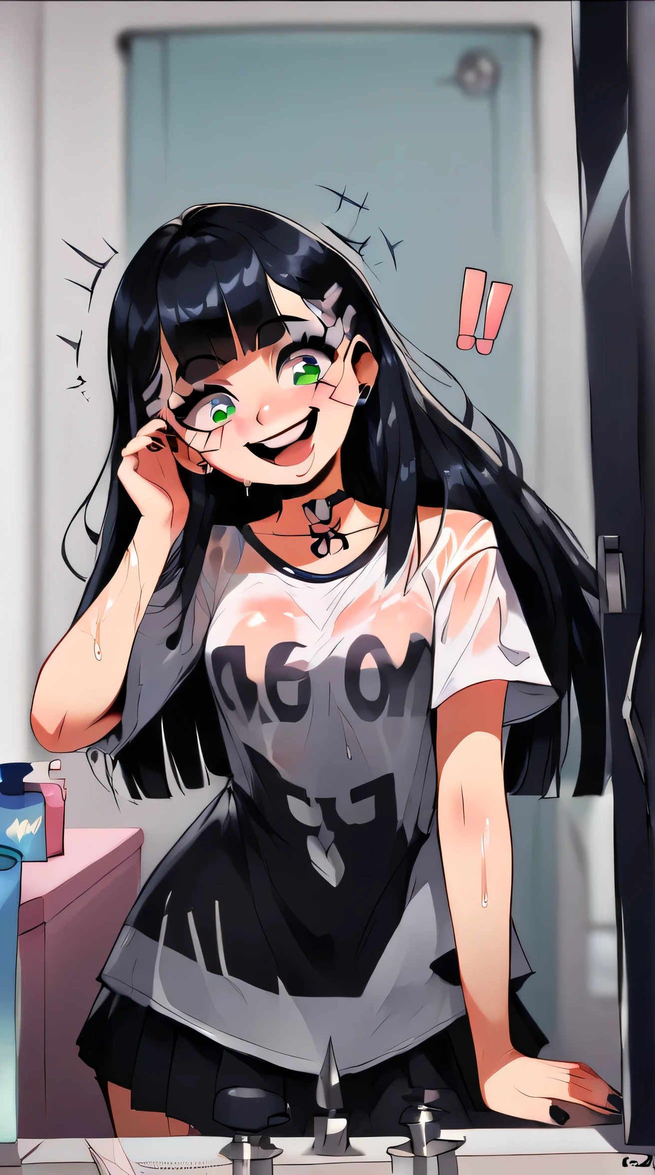 there is a woman taking a selfie in a bathroom mirror, 18 years old, 1 , graphic tees, anime vibes, tumblr, wet tshirt, cruel korean goth girl, wearing cyberpunk streetwear, 🪔 🎨;🌞🌄, comic book style!!, wet t-shirt, 1 , wearing black tshirtHD,young people, cartoons, happy, happy, excited, excited, joyful, ((surprise)), carefree, beautiful eyes, cute, smiling face, UWU, happy, proud, ((smiling face)),;3, uwu