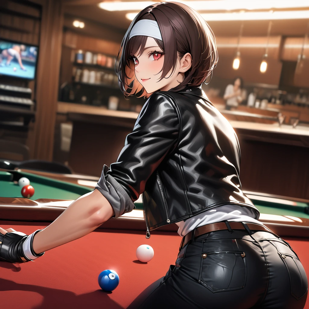 (half body shot:1.4), hyperrealism, (photorealistic:1.4), 8k, max resolution, (masterpiece), Canon R5, 50mm, high definition, top quality, sophisticated face, most beautiful Japanese woman, detailed beautiful eyes, 23 years old, (( black leather jacket with rolled up sleeves )), fingerless gloves, (( white headband )), white T-shirt, black pants, white shoes, brown belt, short cut , black hair, dark skin, red eyes, playing pool, cheerful, playing billiards, jovial
playing billiards, jovial smile,...