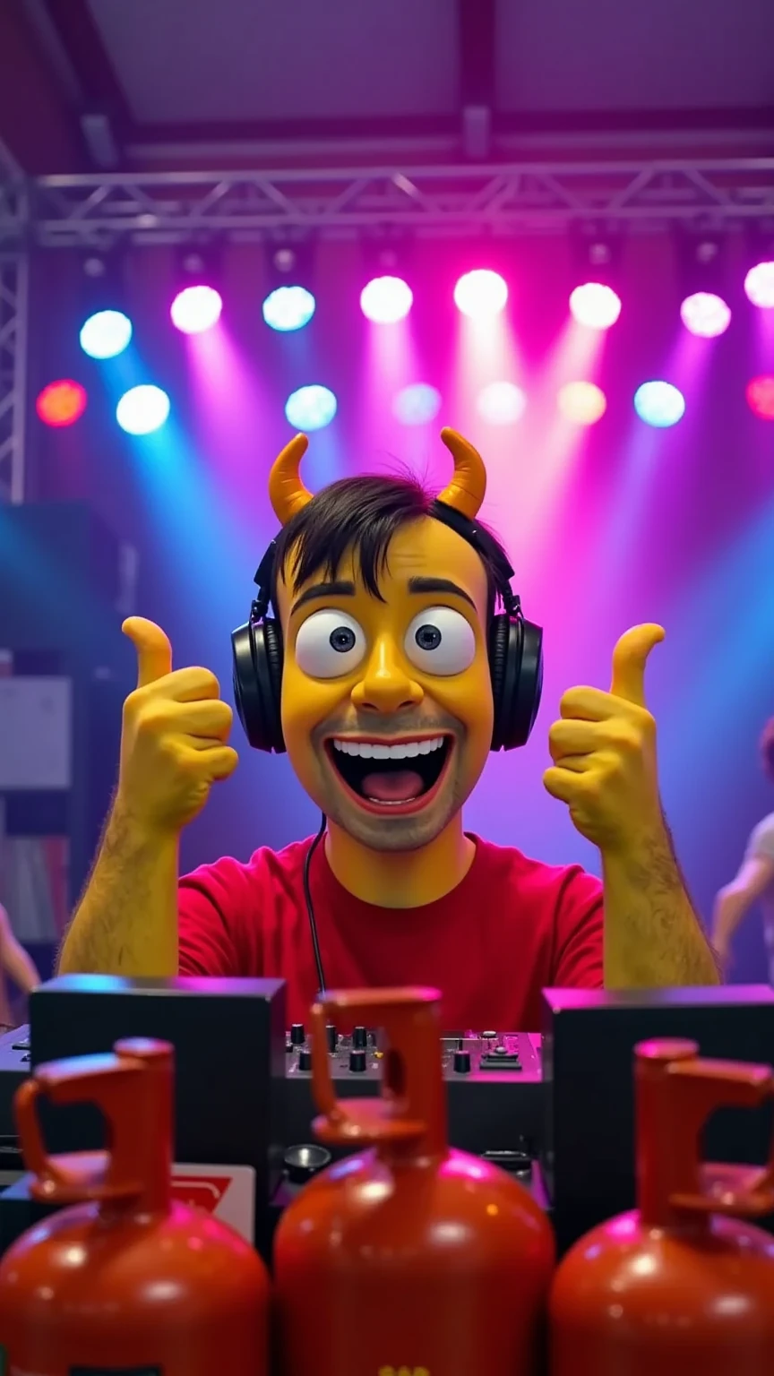 A cinematic shot in The Simpsons style of an energetic DJ performing on a spectacular stage. The DJ has semi-realistic yet Simpsons-inspired features, with the iconic cartoon proportions and vibrant colors. He is wearing professional DJ headphones and raising both fists in the devil horns gesture (pinky and thumb extended), with a wide, joyful smile. The stage is decorated with multiple orange butane gas cylinders, designed in a cartoonish yet dramatic style, reflecting colorful beams of dynamic concert lighting. Vibrant beams, smoke effects, and exaggerated lens flares fill the scene, creating an epic atmosphere. The DJ wears trendy, Simpsons-styled clothing and is captured from a slightly low angle to appear heroic. The gas cylinders reflect the cartoon stage lights in a playful, industrial aesthetic, while the DJ booth and equipment are styled in intricate Simpsons-level detail. A perfect mix of humor, energy, and the whimsical world of The Simpsons with a cinematic touch.
