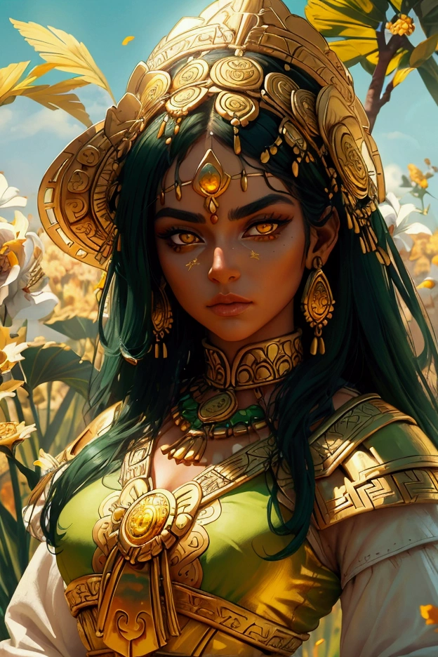 in a beautiful flowers field a beautiful mature woman lying in a field of beautiful white, yellow and gold flowers. . she has a traditional outfit of Aztec people his eyes are visible. she has magnificent ultra detailed golden eyes, her pupils are dilated and isr iris ultra detailed and a magnificent amber color with shades of yellow and green. her gaze is intense and warm. there are a golden city everywhere around her. the environment is hostile to life. she stands facing and looks to the side towards the setting sun. close-up on his gaze. her outfit is a beautiful océan green color. she wears red native amazonian  people makeup around her eyes which has the effect of multiplying the beauty and magnificence of his deep and burning gaze.