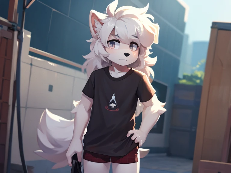 Furry boy, white dog, thick hair, detailed body, regular clothes, high quality 