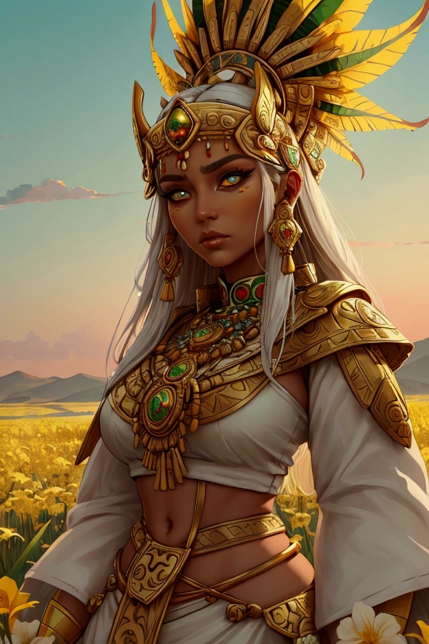 in a beautiful flowers field a beautiful mature woman lying in a field of beautiful white, yellow and gold flowers. . she has a traditional outfit of Aztec people his eyes are visible. she has magnificent ultra detailed golden eyes, her pupils are dilated and isr iris ultra detailed and a magnificent amber color with shades of yellow and green. her gaze is intense and warm. there are a golden city everywhere around her. the environment is hostile to life. she stands facing and looks to the side towards the setting sun. close-up on his gaze. her outfit is a beautiful océan green color. she wears red native amazonian  people makeup around her eyes which has the effect of multiplying the beauty and magnificence of his deep and burning gaze.