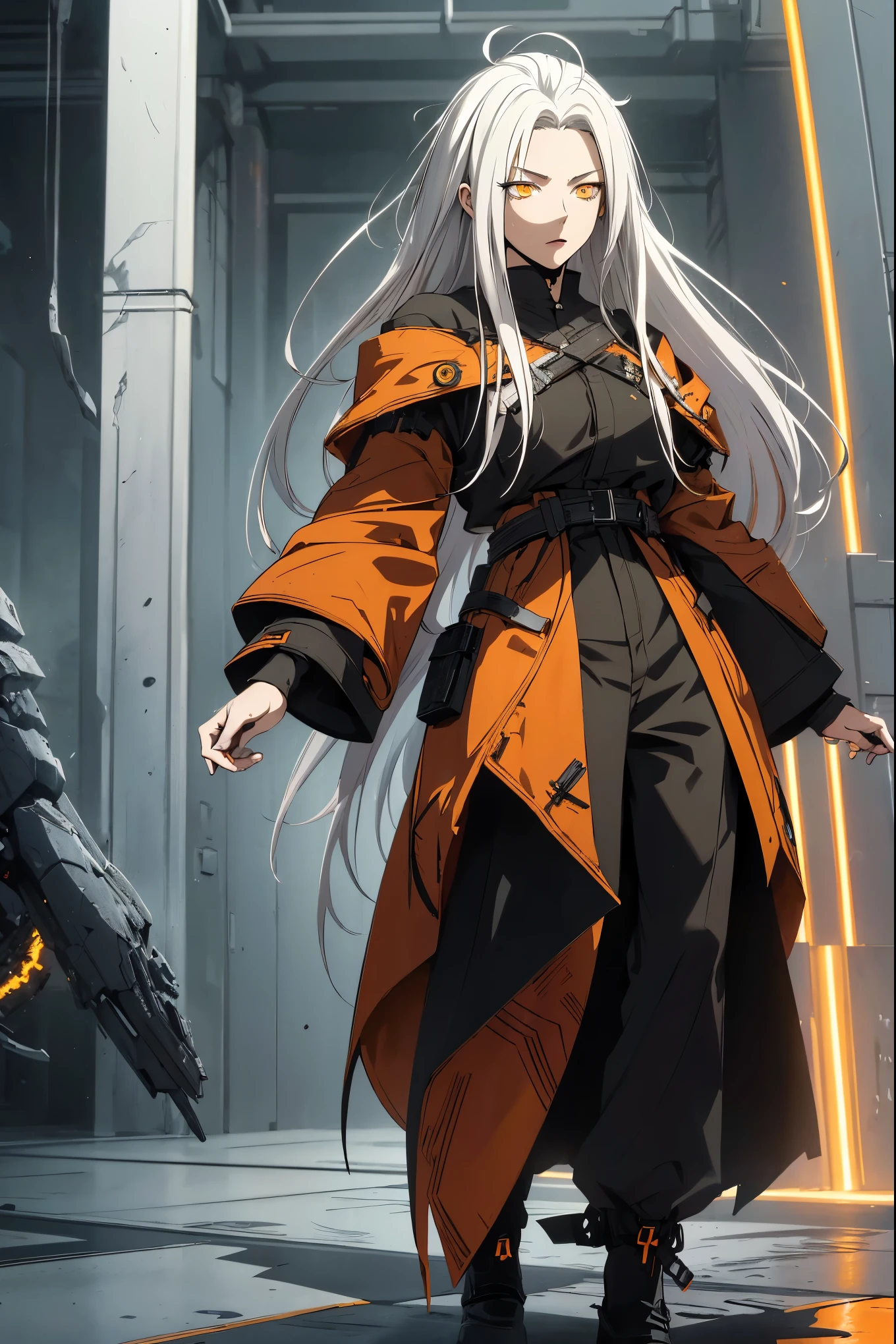 full body shot, Style by Tsutomu Nihei, ( high res:1.18), complex details, ( masterpiece:1.1), ( Qualité supérieure :1.1), absurdres),(1fille, portrait, white hair, orange eyes, Long Hair, detailed eyes)