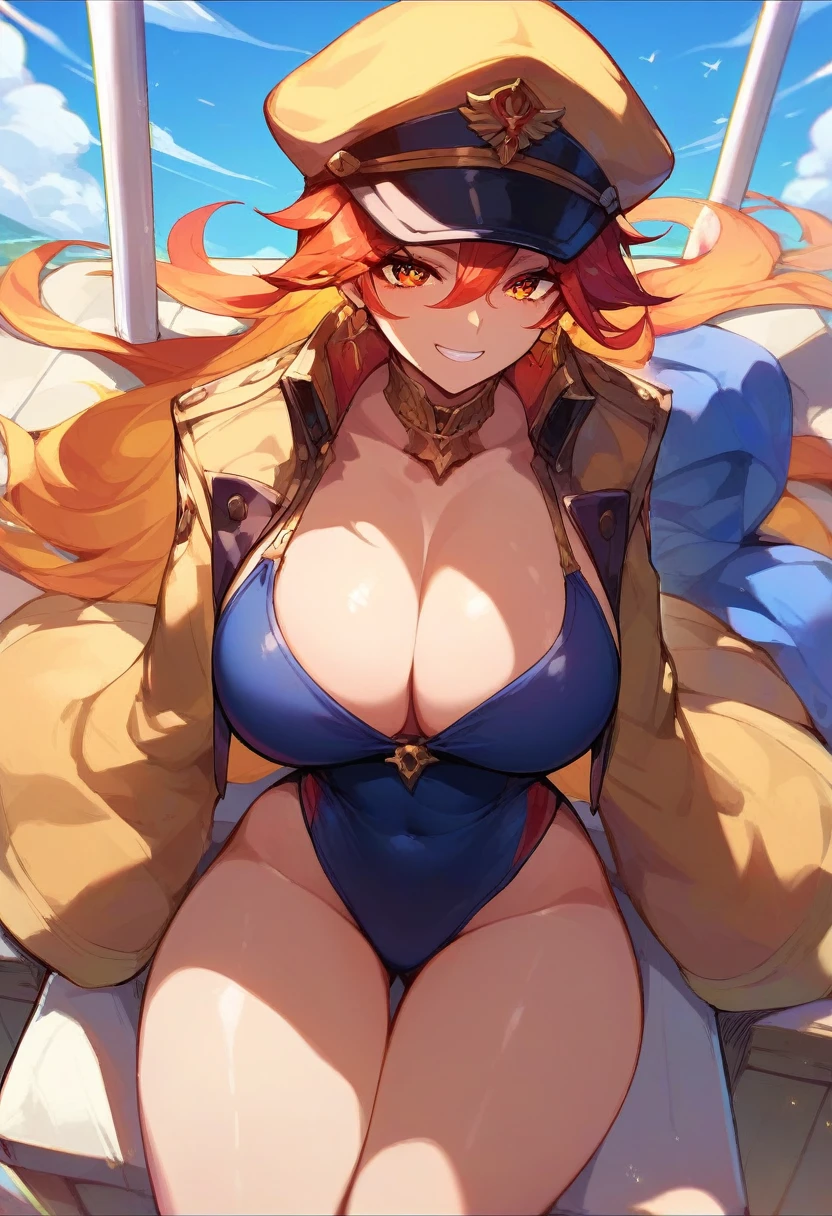 sCore_9,sCore_8_above,Core_7_above,   mavuika-gi  ,  a girl, d cup breasts, alone, long hair, neckline,   big breasts , sky,   looking at the spectator , blue sky, blows, smile, outdoors, cloud,  Body, day,   swimsuit, soft thighs, adult, jacket, Military cap