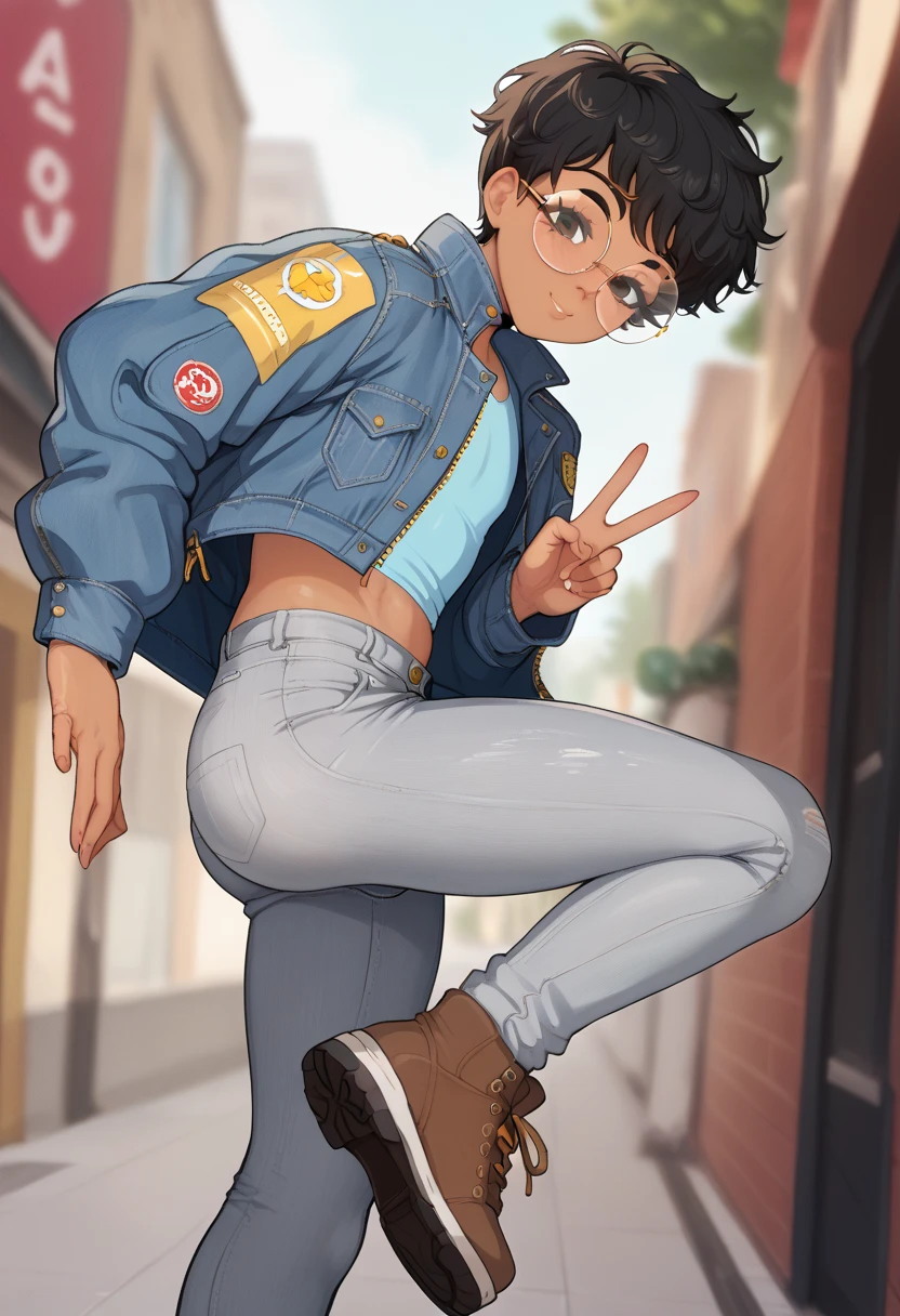  masterpiece,  better quality , Artist bdone , 20 years, femboy,  curly and blurred hair,  short hair,  black hair ,  black eyes, round glasses, golden lenses ,  tanned skin, denim jacket, grey pants, blue shirt,  brown shoes , love and peace,  slim body, effeminate body, marked rear, Femboy body ,  slim body,  ectoform body 