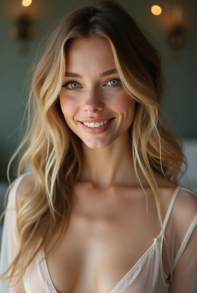 A photorealistic portrait of a teen girl with long, blonde hair and expressive green eyes, blushed cheeks and frekles smiling at the camera. She is wearing a cute lace dress with intricate details. The background is a soft, blurred studio backdrop with warm lighting focused on her face, creating gentle shadows that enhance her features. The image is captured in high resolution, emphasizing the texture of her skin and the fabric of her dress.