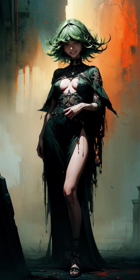 Zombie, living Dead , living Dead girl , short hair , torn long dress , living Dead girl , Whole body , living Dead , Long torn white dress , shroud , at night , Torn dress , living Dead features , sexual body , sexual , She stands directly in front of the viewer, with hands down