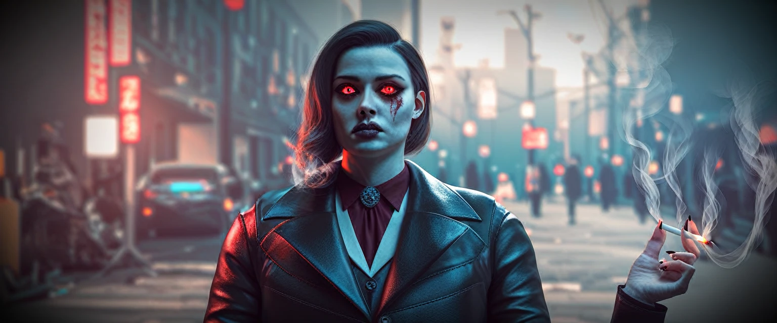 Horror-themed breathtaking This stunning ,woman zombie hybrid, extreme distance
glowing dead eyes, foggy background mist:wall londonbridge themse . Eerie, unsettling, dark, spooky, suspenseful, grim, highly detailed