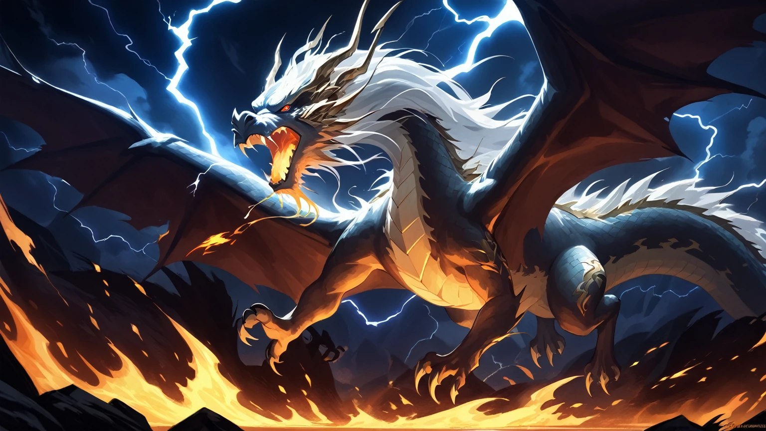 The soaring dragon , Angry, With fire in mouth, 's body is surrounded by lightning， Ancient Creature ，Myths and Legends，Legendary heroes