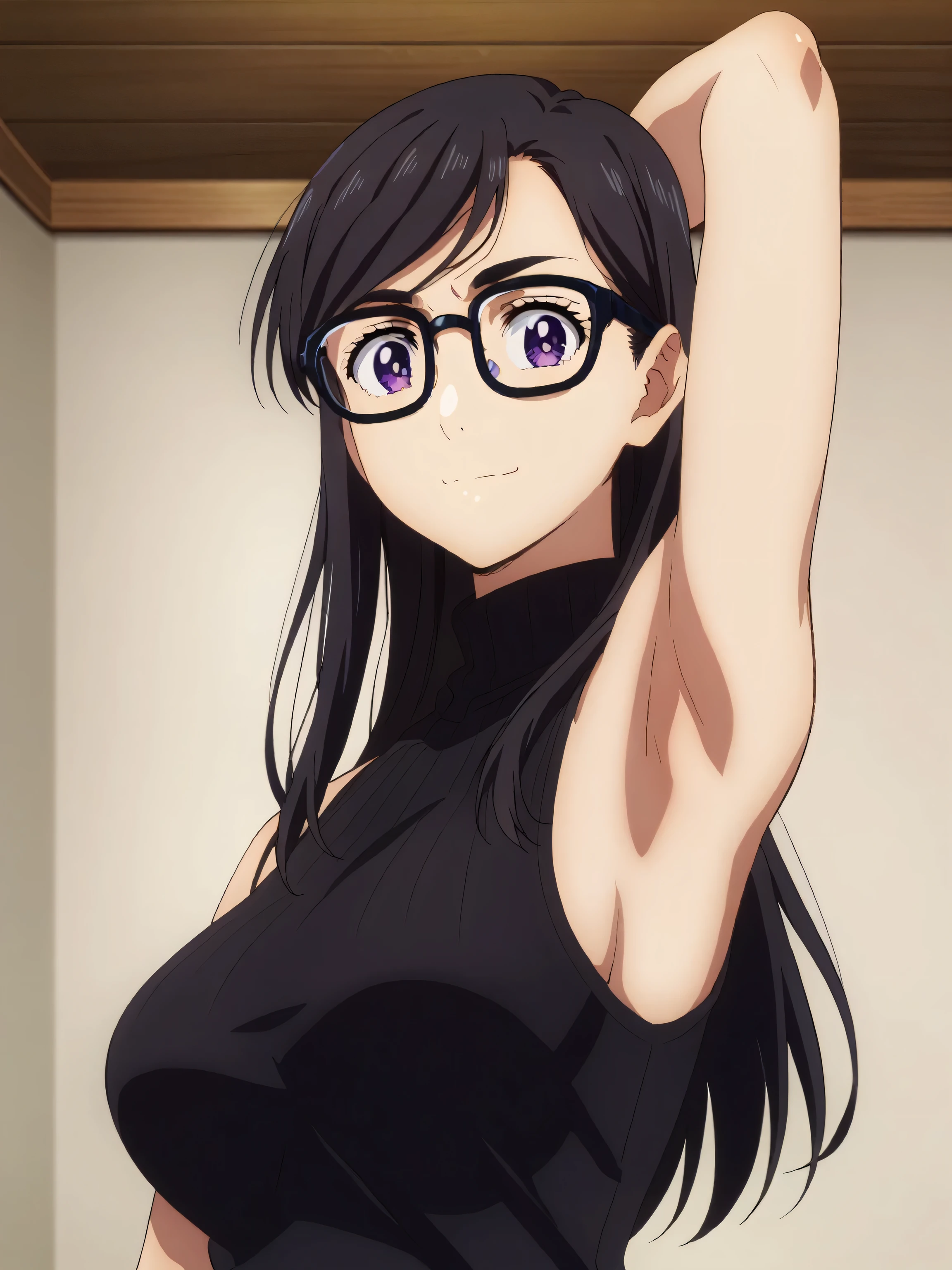 score_9, score_8_up, score_7_up, source_anime, anime screencap, 1girl, solo, hizuru minakata, long hair, black hair, glasses, purple eyes, black-framed eyewear, black sweater, sleeveless sweater, ribbed sweater, turtleneck, arm behind head, armpit, from side , from below, looking at viewer, head towards viewer, smile, closed mouth, badhandv4, indoors, large breasts 