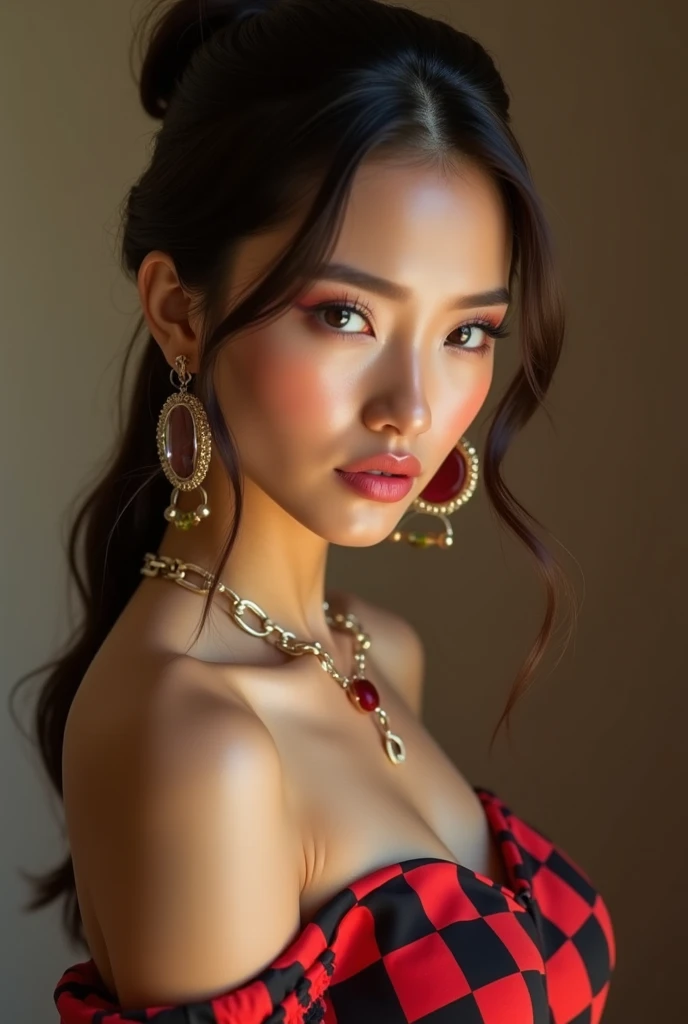 ((Best quality, 8k, Masterpiece :1.3)),  ultra realistic, real life textures, photorealistic shot, of a gorgeous asian model, posing in naughty. Sharp focus, full body shots , Long legs, Sharp focus :1.2, A pretty woman with perfect figure :1.4, Slender abs :1.1, ((red black layered hair light, ample cleavage, Bulge big breasts :1.2)), (White skinny tight dress, v neck t-shirt :1.2) , (nipslip), Highly detailed face and skin texture, Detailed eyes, Double eyelid, bokeh background 