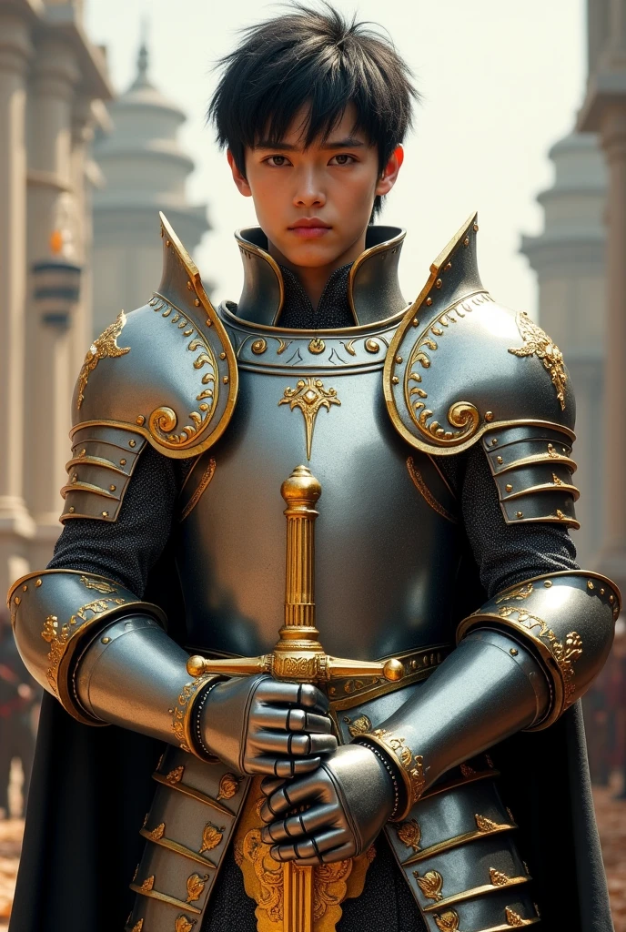 A asian boy like Mighty Archangel Michael,19 years old, handsome, Full Body Shoot, Short Quiff hairstyle, (eyes contact), look at camera, detailed facial parts, Manly, with a muscular constitution :: high detail, is in battle armor, flaming blue sword of golden pearls, a flaming sacred aura radiating from his body, without wings, moon background, surreal, fantasy, magical, intricate details, (dynamic upper body posture: 1.1), depth of field. Best quality, masterpiece, ultra high resolution, (anime realism, photorealistic: 1.4), perfect composition, centered, symmetry