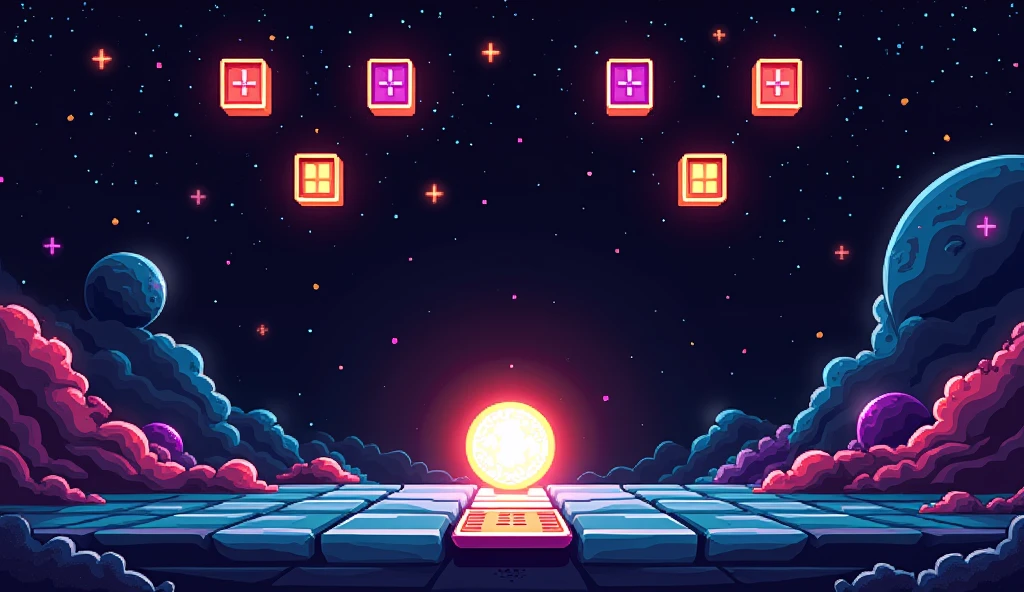 A retro pixelated scene inspired by Arkanoid, featuring colorful blocks suspended at the top of the screen, a paddle at the bottom, and a glowing ball bouncing between them. The background is black with pixelated stars resembling outer space. The color palette is vibrant, including shades of blue, purple, orange, and yellow, with a retro 80s style. The resolution should emulate 8-bit graphics.