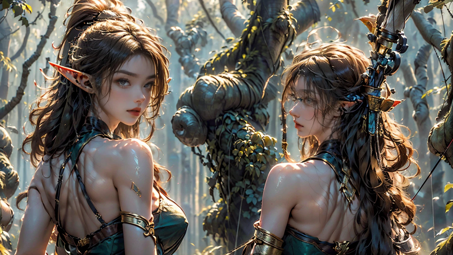 Three girls with huge breasts and they are fantasy armor, they are in a forest