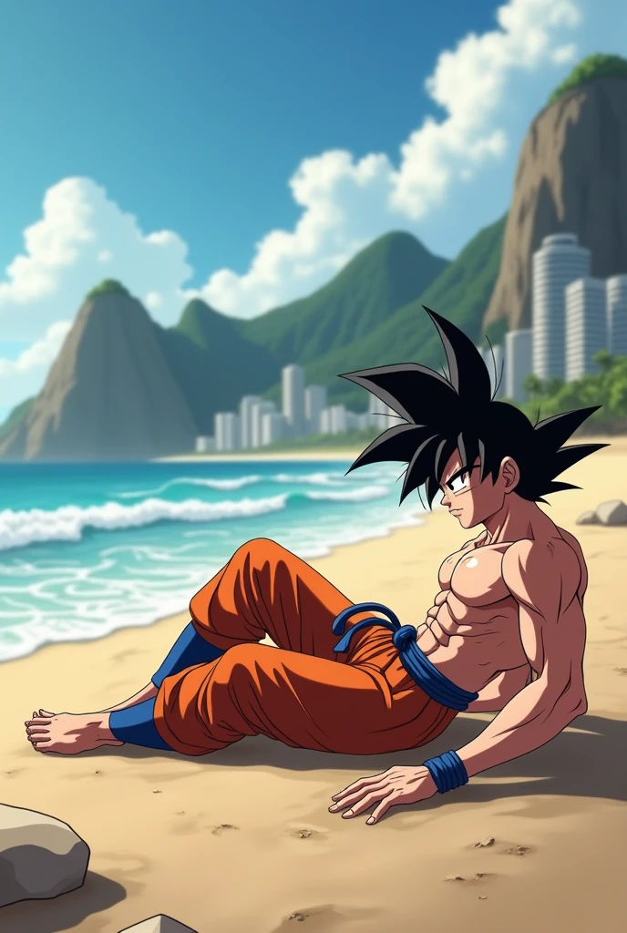 (Eine detaillierte Zeichnung von Son Goku, bodybuilding gym on the Beach.), shirtless, barefoot