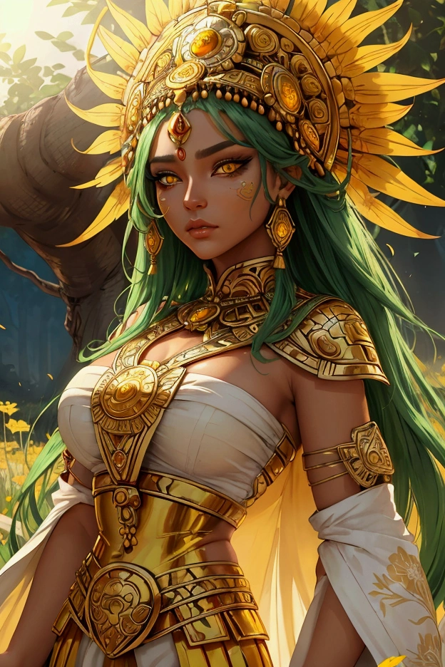 in a beautiful flowers field a beautiful mature woman lying in a field of beautiful white, yellow and gold flowers. . she has a traditional outfit of Aztec people his eyes are visible. she has magnificent ultra detailed golden eyes, her pupils are dilated and isr iris ultra detailed and a magnificent amber color with shades of yellow and green. her gaze is intense and warm. there are a golden city everywhere around her. the environment is hostile to life. she stands facing and looks to the side towards the setting sun. close-up on his gaze. her outfit is a beautiful océan green color. she wears red native amazonian  people makeup around her eyes which has the effect of multiplying the beauty and magnificence of his deep and burning gaze.