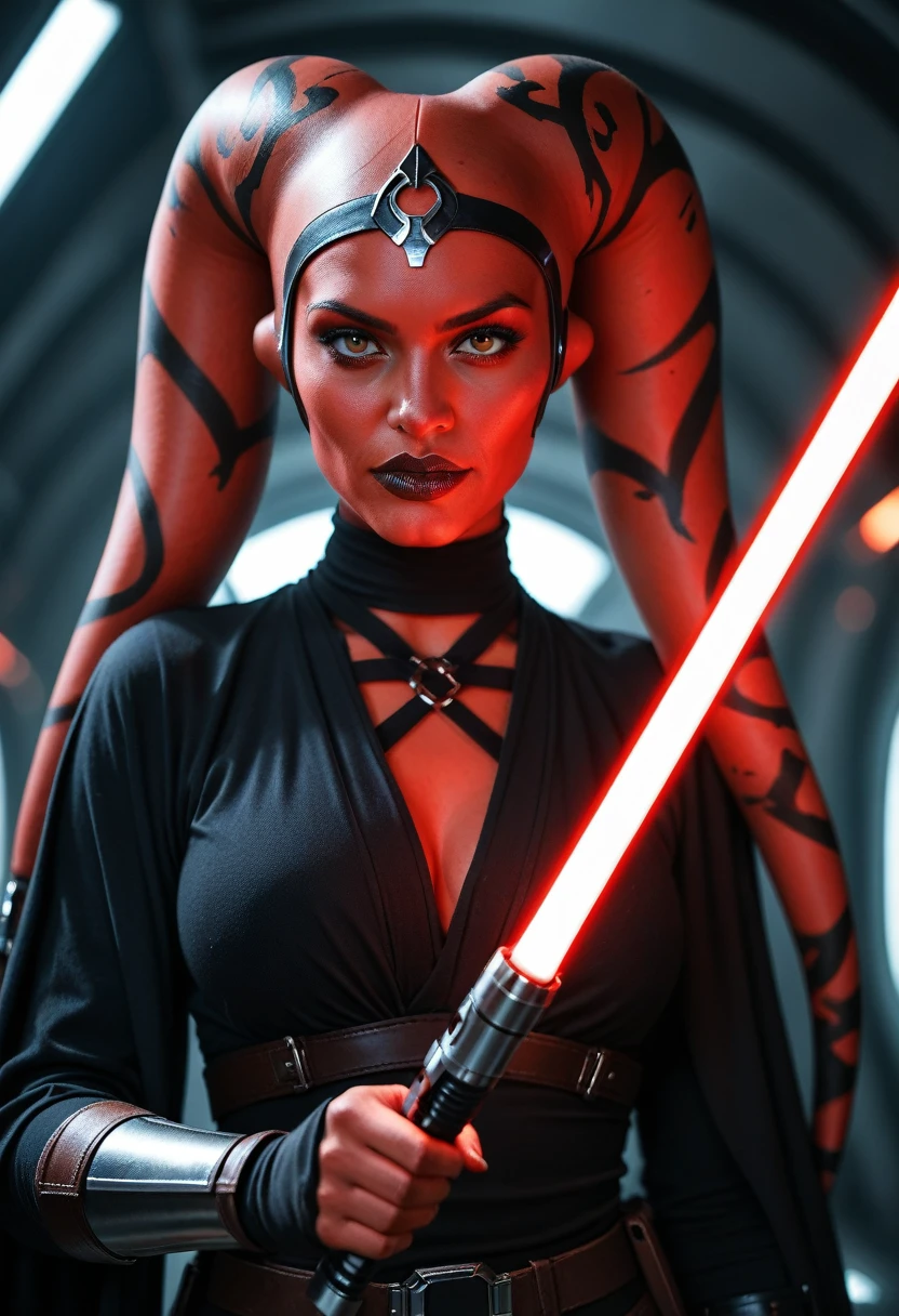 A girl, Sith Lord, red skin, fit body, , holding one red light saber in her hand, wearing a black crop top with a hood, underboob, black skirt, darth talon:0.8, at the starship, Star Wars, j j abrams, photorealistic, sharp focus, depth of field, vogue magazine, fashion photo, cinematic lighting, rim light, cozy:1.2, neon