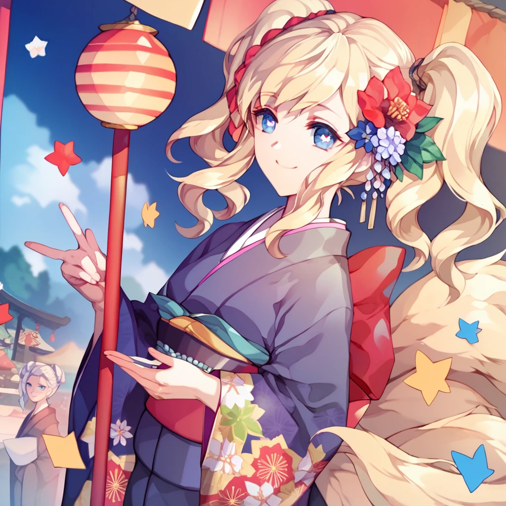 1 girl, solo,  long hair ,  Smile ,  blue eyes ,  blond hair ,  hair ornament , tape,  Hair flower , kimono,  Double tails,  Star-shaped pupils, A number of people, festival background , masterpiece,  high definition, 