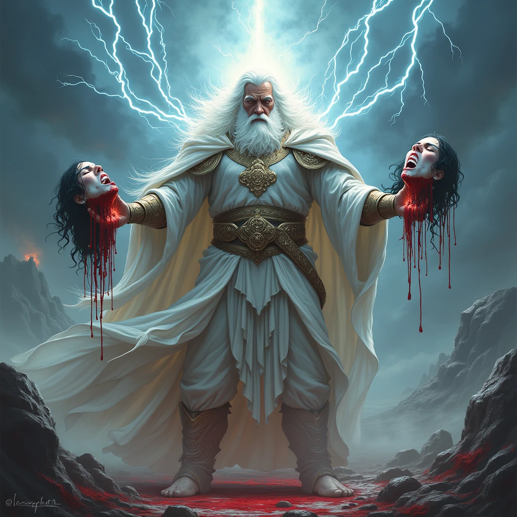 (Highly detailed: 1.2), (Best quality Canon Eos R6: 1.2), (8k: 1.0), (Dynamic Stance: 1.2), masterpiece, best quality, god Odin Norse mythology, mythological wearing, age 75, very muscular, huge, gray hair, bald, scarred, warrior, barbarian, mythological dystopia, (lots of blood: 1.0), mythological dystopia Corpses, heads human, arms and blood.