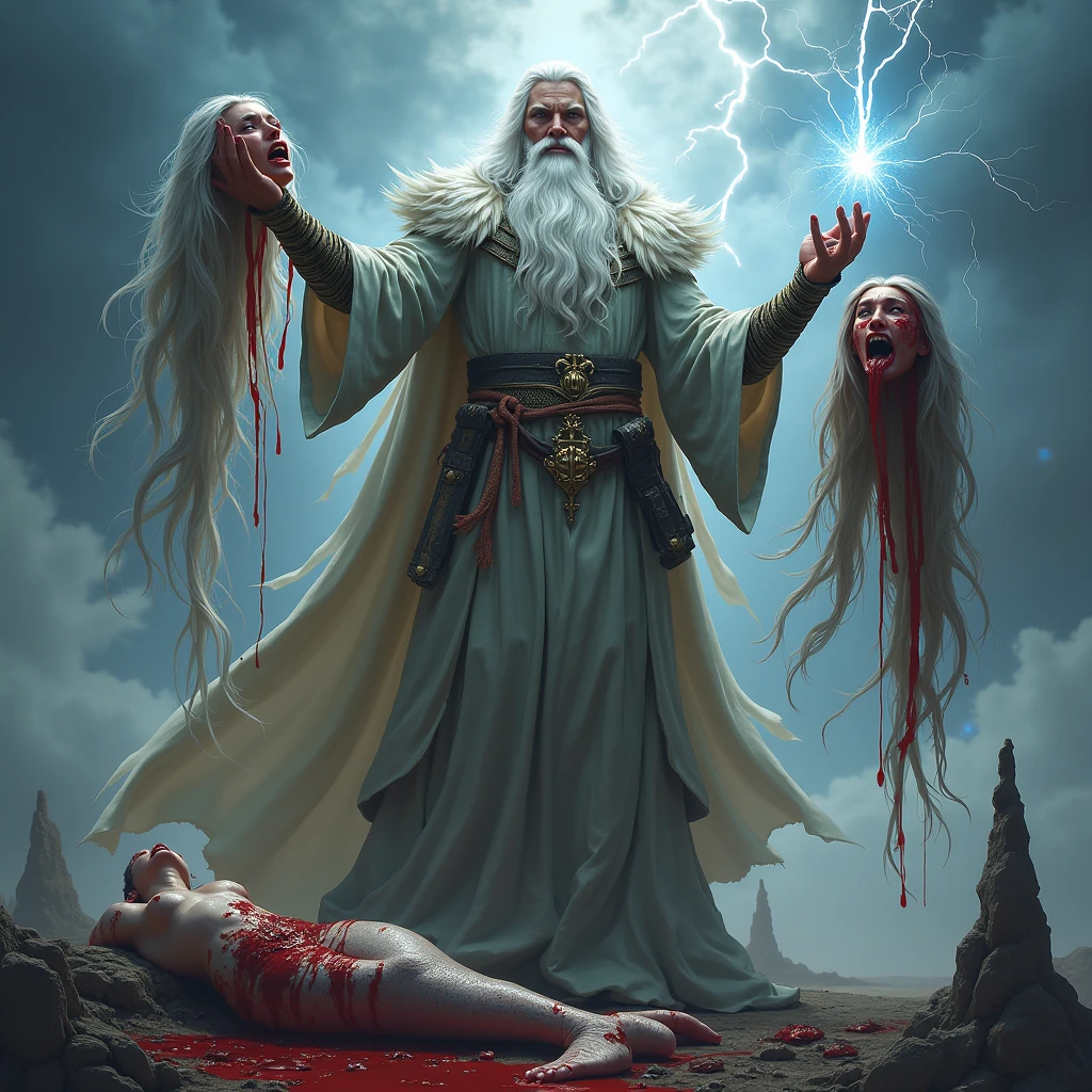 (Highly detailed: 1.2), (Best quality Canon Eos R6: 1.2), (8k: 1.0), (Dynamic Stance: 1.2), masterpiece, best quality, god Odin Norse mythology, mythological wearing, age 75, very muscular, huge, gray hair, bald, scarred, warrior, barbarian, mythological dystopia, (lots of blood: 1.0), mythological dystopia Corpses, heads human, arms and blood.