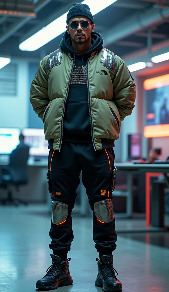 "Create a highly detailed and cinematic portrait of a slightly muscular individual standing confidently in a modern, high-tech post-production video studio. The individual is wearing a full North Face outfit, redesigned with futuristic, Iron Man-inspired elements. The light olive-green bomber-style jacket features subtle North Face branding, metallic panels integrated into the fabric, and glowing orange luminescent lines along the seams and edges. The black North Face hoodie underneath incorporates metallic accents on the shoulders and chest, seamlessly blending soft fabric with high-tech metal plating. The longline shirt beneath has a grid-patterned texture with reflective metallic threads that shimmer subtly under the light.

The slim-fit black jogger pants are equipped with additional metallic detailing on the knees and pockets, paired with glowing orange accents for a cutting-edge aesthetic. The sleek black North Face high-top sneakers also feature metallic overlays and subtle glowing orange elements that complement the outfit's futuristic design.

Accessorize the individual with a snug-fitting black North Face beanie and circular, dark-tinted sunglasses for a trendy, streetwear-inspired look. The person has a slightly more muscular build, with broad shoulders and defined arms, emphasizing their commanding presence. Position them with their arms behind their back, standing with a relaxed yet powerful posture.

Set the background in a futuristic, video production studio filled with advanced technology. Include large LED panels emitting soft blue and purple hues, glowing monitors showcasing dynamic editing software visuals, and sleek workstations with high-tech equipment. Integrate glowing orange accents in the studio lighting to echo the details on the outfit. Add metallic reflections, lens flares, and subtle ambient glow from the technological equipment, creating a cinematic, futuristic atmosphere. Ensure the lighting highlights the metallic textures and glowing