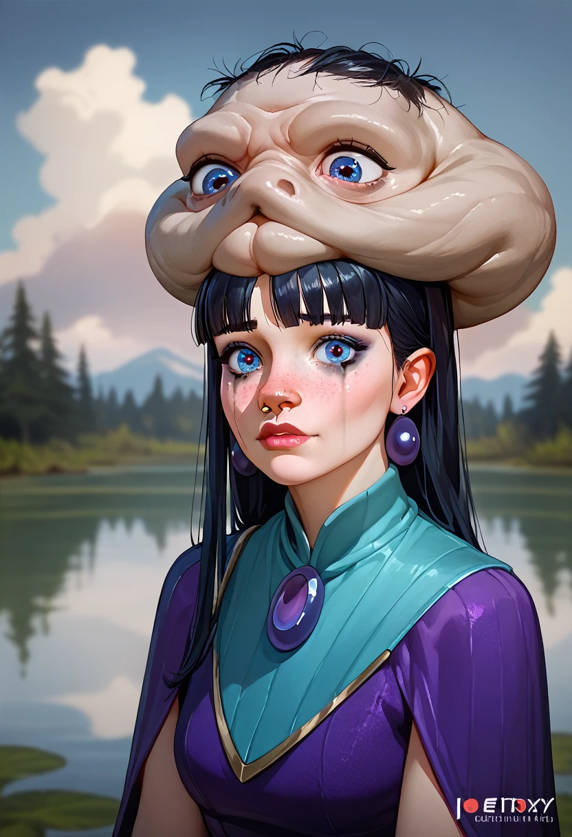 European woman, 8k, absurd res, ((unique nose: 1.4)), flawless face,   (extremely thin body:1.4), full body image, 1girls, solo, masterpiece, highly detailed, detailed eyes, expressive detailed eyes, pale skin, detailed pupils, realistic skin, some freckles, realistic skin texture, , super detailed skin, shy face, analog style, (chin length hair, ((blue-black hair with bangs 1.5)), , ((entire body image: 1.4)), ((entire head and body is in view: 1.5)), (wearing a white burlap dress, barefoot), (dark cloudy sky, swamp background), (bright fey makeup)