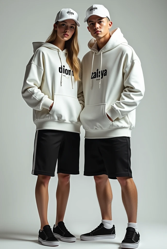 super realistico. A boy and an 8 year old girl wearing a black sweatshirt . round goka cakca jeans. White fundi.
