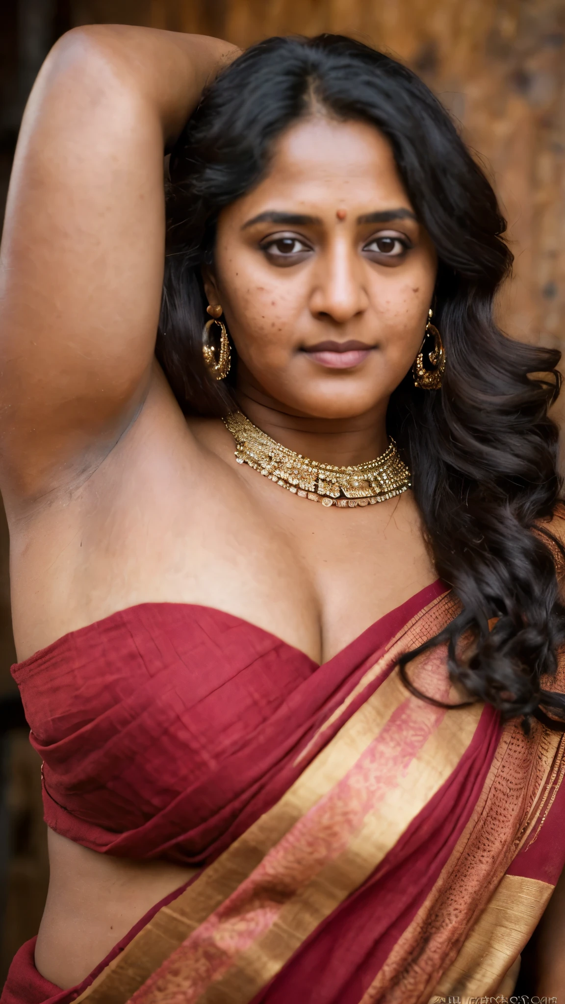 Looks like Anushka Shetty, a photo portrait of a beautiful girl 55 years old, mature woman, fleshy figure, juicy figure, with curls, styled black hair, (face portrait:1.5), dramatic light, Rembrandt lighting scheme, bust shot, linen tank top , top quality editorial photograph, insanely detailed skin texture, skin pores, a beautiful mole on her breast visible, freckles 0.1, chocolate skin, high quality skin, top quality photography, professional photography, professional retouching, insane detailing, warm moody tones, detailed stubble armpits,