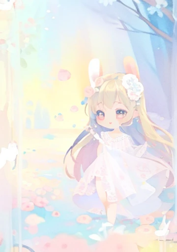   highest quality , 8k resolution, sharp focus, intricate details, beautiful girl,  shiny eyes,  golden ratio face,  Watercolor Painting , pastel color, high resolution,  small details, Liquid prom dress ,((round eyes))、around 、White rabbit ears、 very transparent 、super high quality、 High image quality 、super high quality