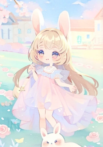   highest quality , 8k resolution, sharp focus, intricate details, beautiful girl,  shiny eyes,  golden ratio face,  Watercolor Painting , pastel color, high resolution,  small details, Liquid prom dress ,((round eyes))、around 、White rabbit ears、 very transparent 、super high quality、 High image quality 、super high quality