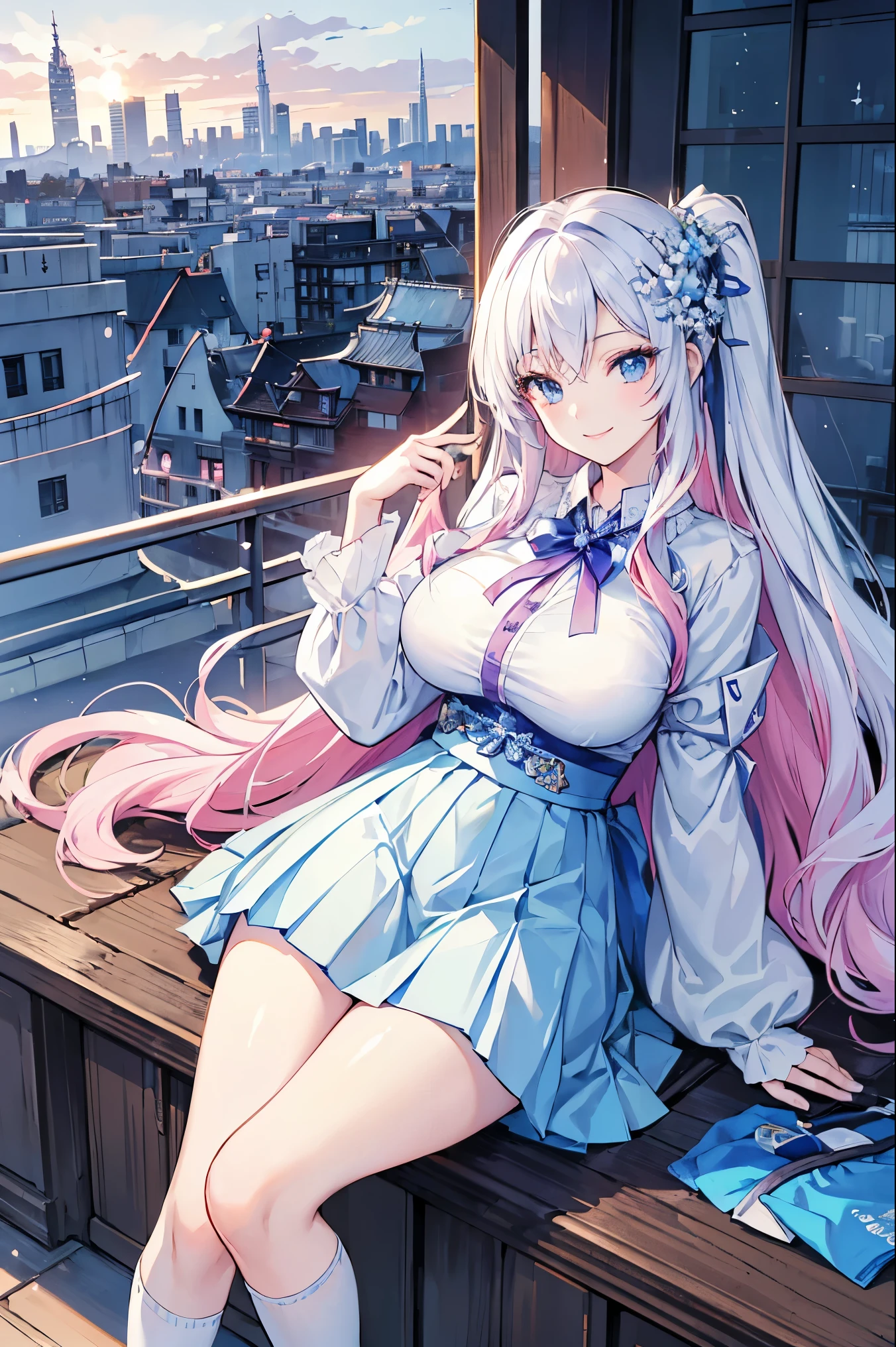 official art, masterpiece, sharp focus, (beautiful gorgeous cute Korean woman:1.3), (beautiful cute korean:1.3), korean beauty, Delicate and beautiful hair and eyes and face, realistic, ultra detailed, beautiful girl, blue sky, glow white particle, (sidelighting:1.2), sun light, white cloud, detailed clouds, slender, Lovely very large breasts and very large hips, smile with teeth, ((smile with eyes, open both eyes)), scenery, long straight hair, sexy facial expression, building, (cityscape:1.7), dynamic hair, long straight hair, detailed platinum pink hair, glow blue eyes, (blue pleated shirts + white skirt), white long socks, pale skin, hair ornament, epic scenery,