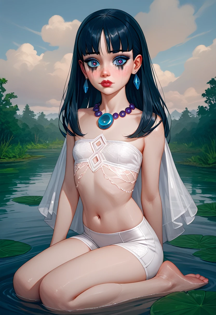 European woman, 8k, absurd res, (), flawless face,   (extremely skinny body:1.4), full body image, 1girls, solo, masterpiece, highly detailed, detailed eyes, expressive detailed eyes, pale skin, detailed pupils, realistic skin, some freckles, realistic skin texture, , super detailed skin, shy face, analog style, (chin length hair, ((blue-black hair with bangs 1.5)), , ((entire body image: 1.4)), ((entire head and body is in view: 1.5)), (wearing a white burlap dress, barefoot), (dark cloudy sky, swamp background), (bright fey makeup)