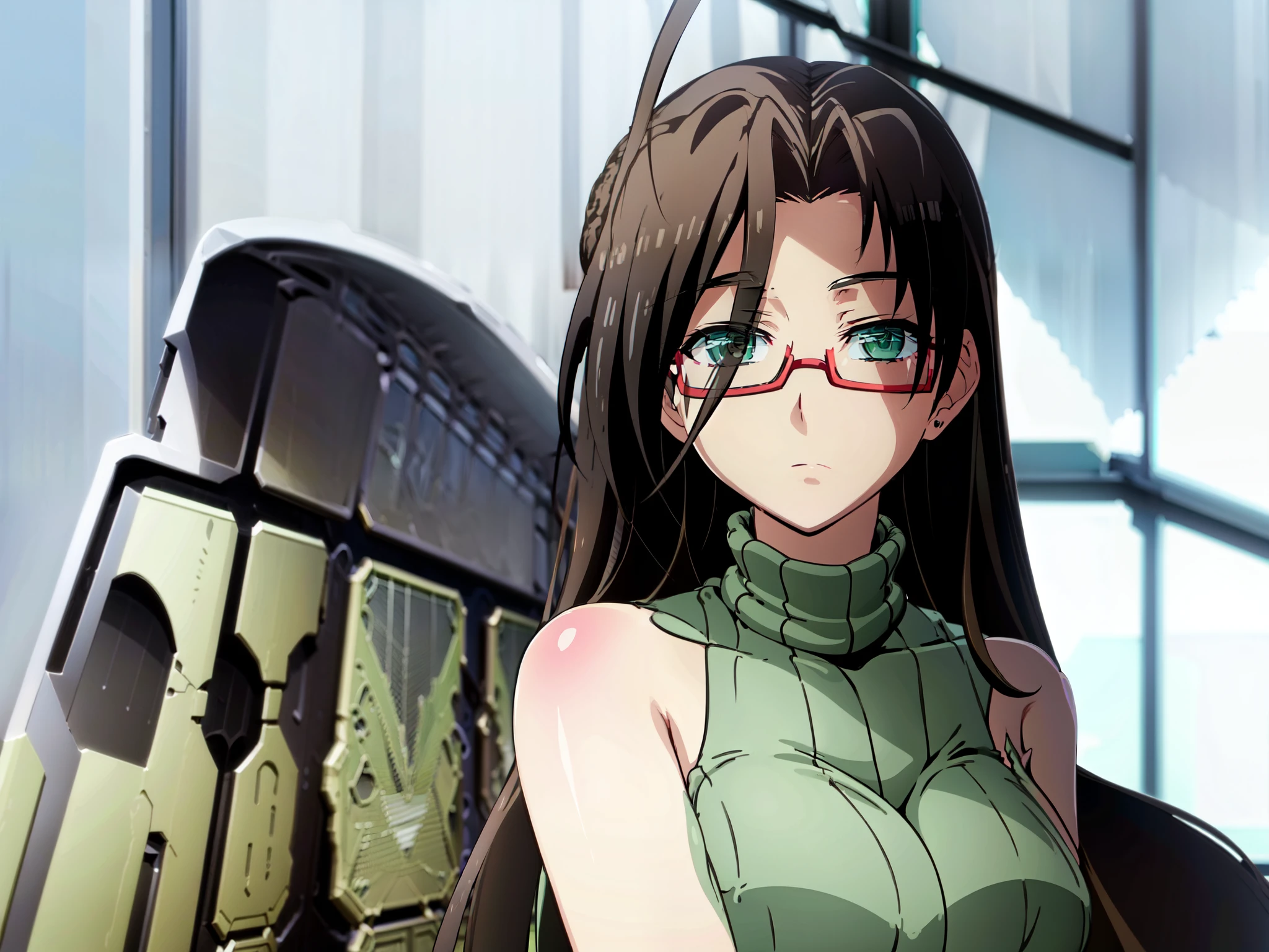 (masterpiece), (ultra calidad), (ultra detallado), (mejor ilustración), (mejor sombra), (absurdres), (fondo detallado), chisato Hasegawa, 1 girl, ahoge, breasts, brown hair, garter straps, glasses, green eyes, high heels, huge breasts, lab coat, long hair, mature female, sweater, thick thighs, thighhighs, thighs