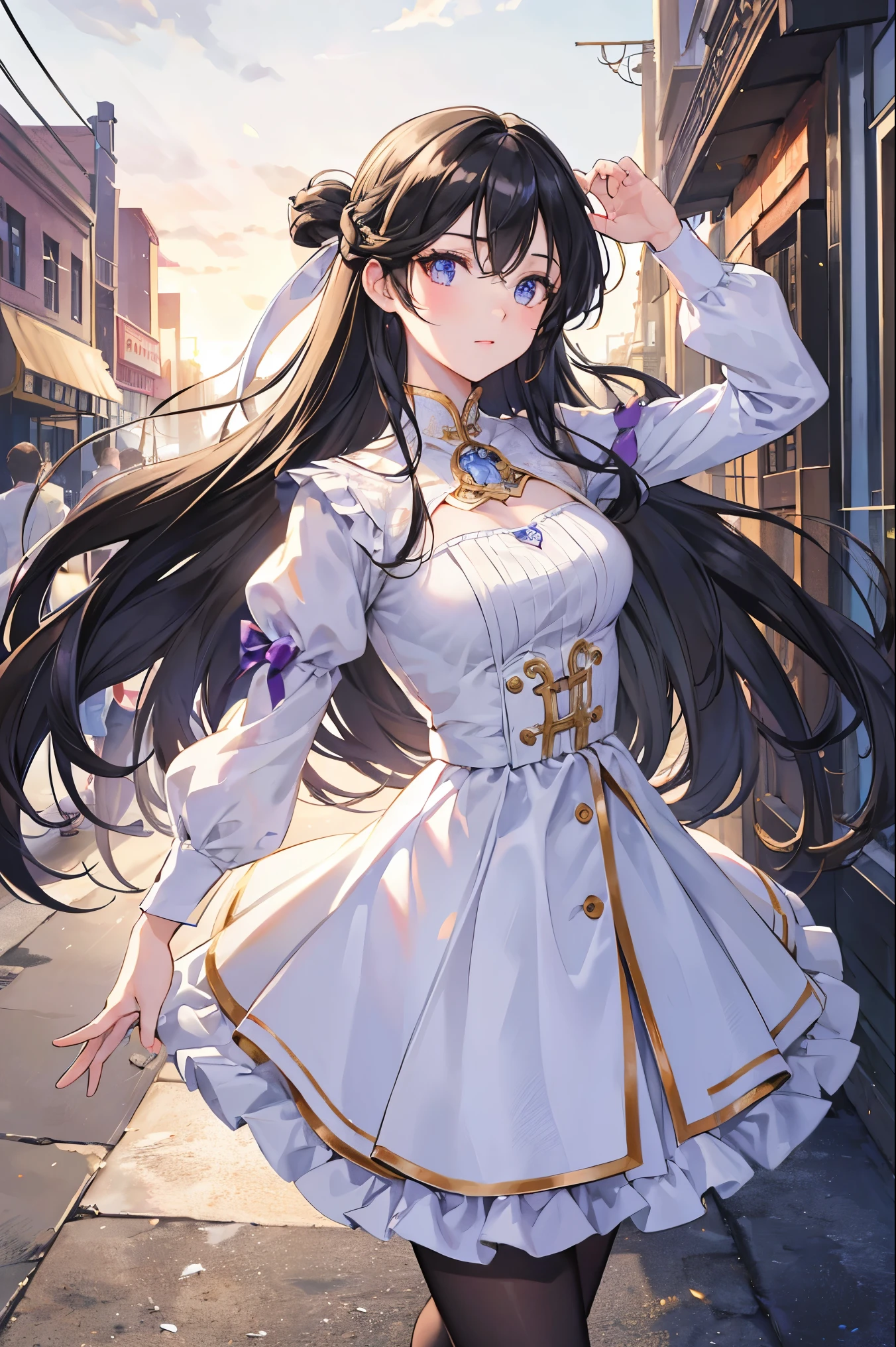 close up， very long hair, , professional artwork, intricate details, vision, maidennurse skirt clothing，sharp focus, Detailed picture, Realistic lighting, Popular topics on pixiv, Standingatattention, (( maidennurse)), beautiful body,beautiful nose,Beautiful character design, perfect eyes, Perfect Face, view viewer, sfv,official art,Extremely detailed CG unified 8k wallpaper, perfect lighting,colorful, bright_street frontage_Face_Lighting project:1.0),(the best_quality:1.0), 超high resolution,4K,Super detailed, photography, 8k, high dynamic range, high resolution, Huang Li:1.2, Cordas Portela 400, film grain, background blur, bokeh:1.2, lens flare glow, (A vibrant one_color:1.2), (Its appearance), ((view viewer, dancing pose))Female Kirito，black stockings，((black hair))