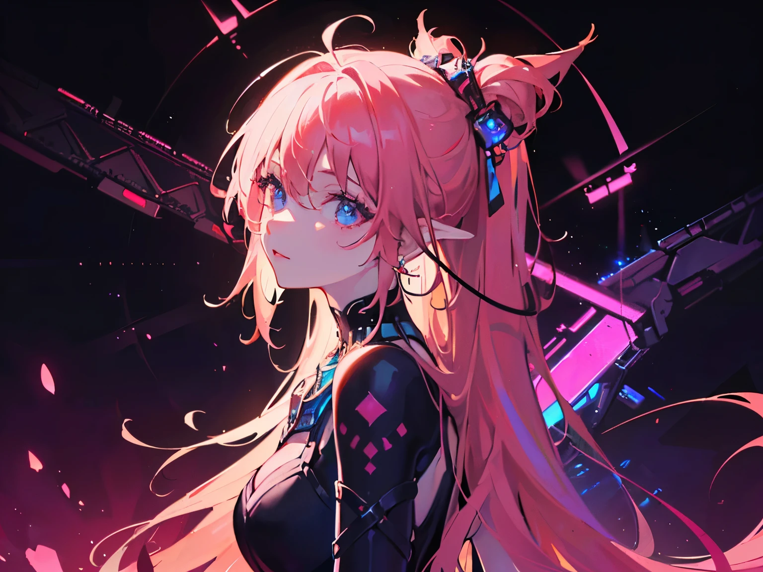 (masterpiece, best quality, ultra-detailed, highres, best illustration),perfect face, ((solo, solo focus, kawaii, neon rim lighting, neon back lights )),side lighting, epic, illustration, render, volumetric lighting, welcoming, see-through gossamer, lustrous skin,(bloom), (shine), Neon Dreams, 1girl, solo, long hair, looking at viewer, makeup, neon eyeshadow, neon magenta eyes, multicolored hair, pink hair, purple hair, updo, specular highlights, neon theme, neon futurism, dynamic angle, dynamic pose,