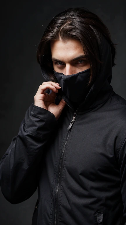 Handsome guy wearing cool clothes covering one side of his face with his hand, Best Quality, Red Eyes, FangHigh Resolution, vampire